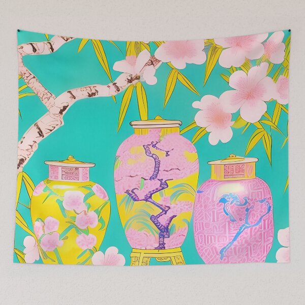 Item preview, Preppy pink and yellow chinoiserie jars on turquoise designed and sold by SophieClimaArt.