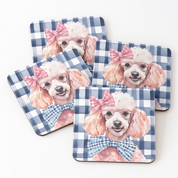 Item preview, Poodle in pink glasses on blue gingham designed and sold by SophieClimaArt.