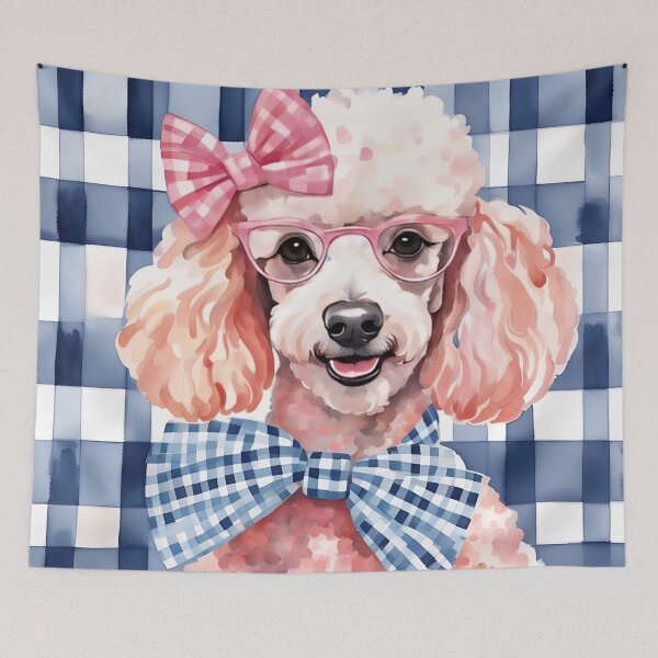 Item preview, Poodle in pink glasses on blue gingham designed and sold by SophieClimaArt.
