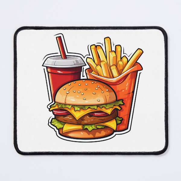 Artikelvorschau, Cheeseburger-Combo-Mahlzeit im Cartoon-Stil mit Pommes Frites und Sodagetränk, Aufkleber, Kunstdrucke und mehr entworfen und verkauft von Kevin Lou.