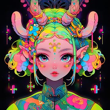 Beautiful Bright Neon Curly Hair Starry Anime Girl | Sticker