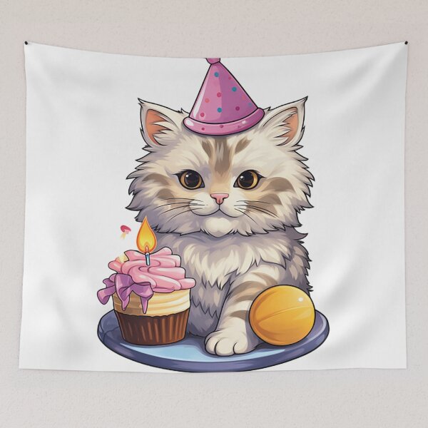 Item preview, Joyful Birthday Cat: Realistic Fluffy Feline Celebrating with Cake Sticker designed and sold by PaintbrushPlace.
