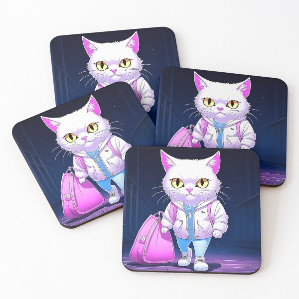 Item preview, A white kitten wearing light pink and black backpack and jeans and random colour chucks, posing like a model designed and sold by ACEGDesign.
