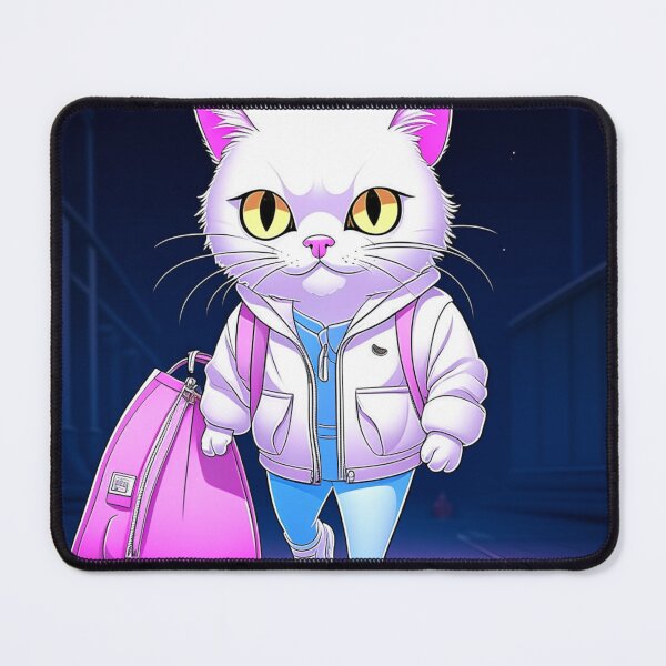 Item preview, A white kitten wearing light pink and black backpack and jeans and random colour chucks, posing like a model designed and sold by ACEGDesign.