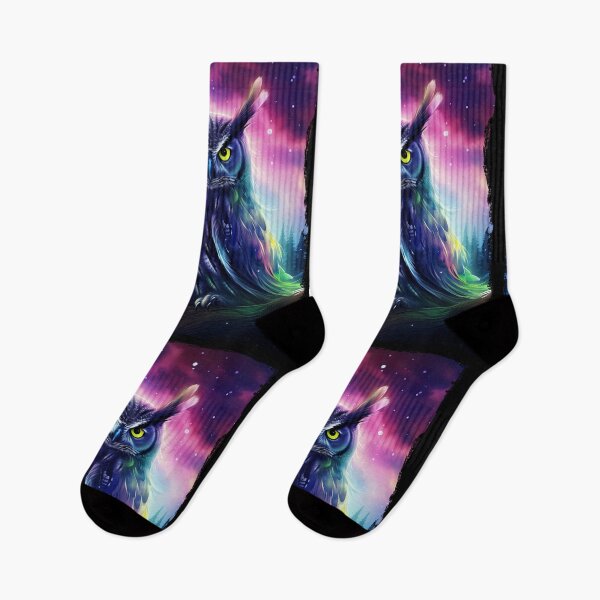 Item preview, Owl with Northern Lights Aurora Borealis Mountains Trees Scenery designed and sold by NLTees.
