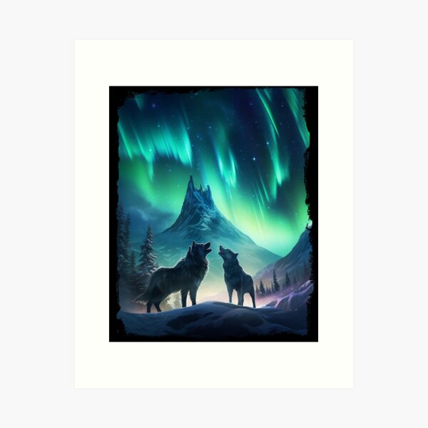 Aperçu de l'œuvre Loup Lumière Boréale Aurore Boréale Paysage Montagnes Rivières Arbres créée et vendue par NLTees.