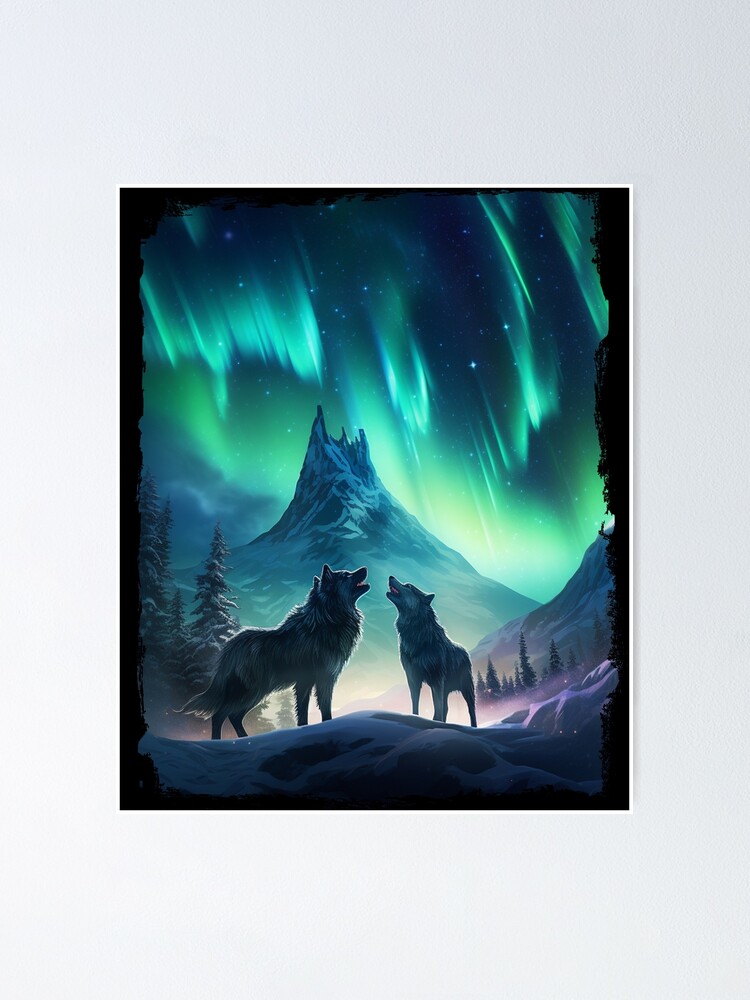 Mountains Aurora Borealis moon canvas wall art. Picture Prints