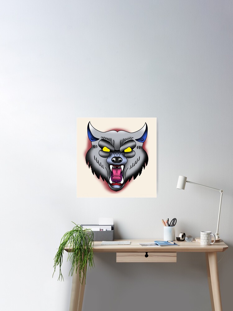Traditional Angry Wolf Face Tattoo Design
