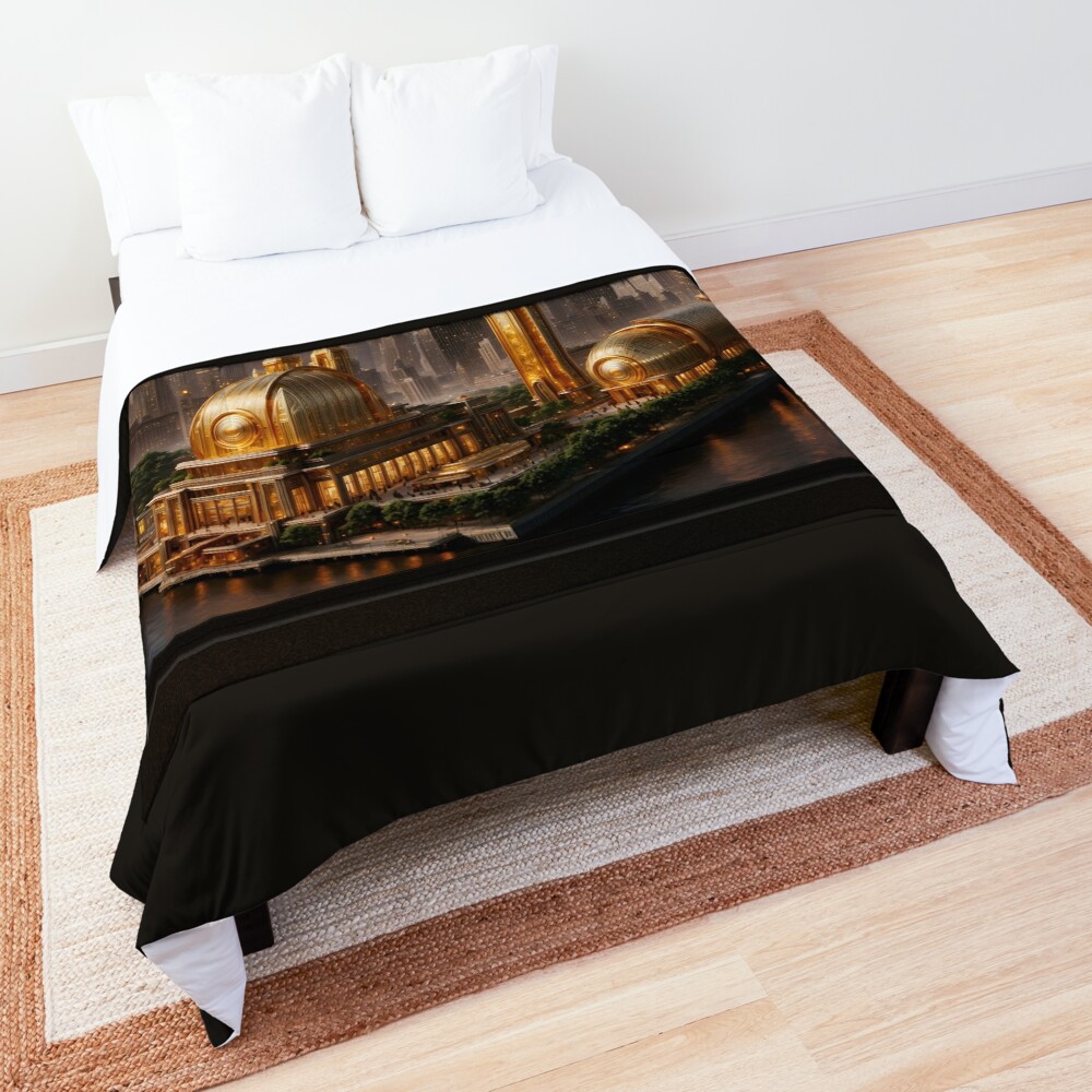 The Gravmatron Golden Pavilion Stunning AI Concept Art by Xzendor7 Decorative Comforter Art Prints