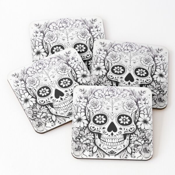 Item preview, BLack and white sugar skull and flowers roses ink art  designed and sold by Inktown.