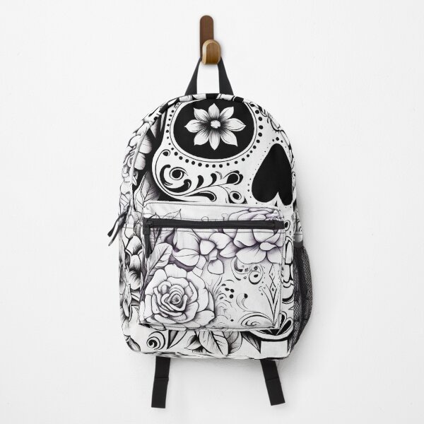Item preview, BLack and white sugar skull and flowers roses ink art designed and sold by Inktown.