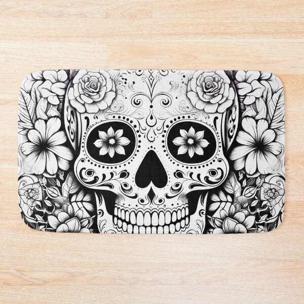 Item preview, BLack and white sugar skull and flowers roses ink art  designed and sold by Inktown.