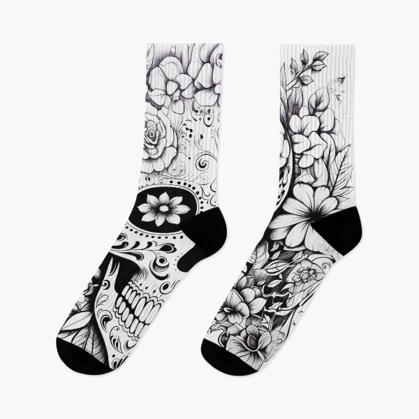 Item preview, BLack and white sugar skull and flowers roses ink art  designed and sold by Inktown.
