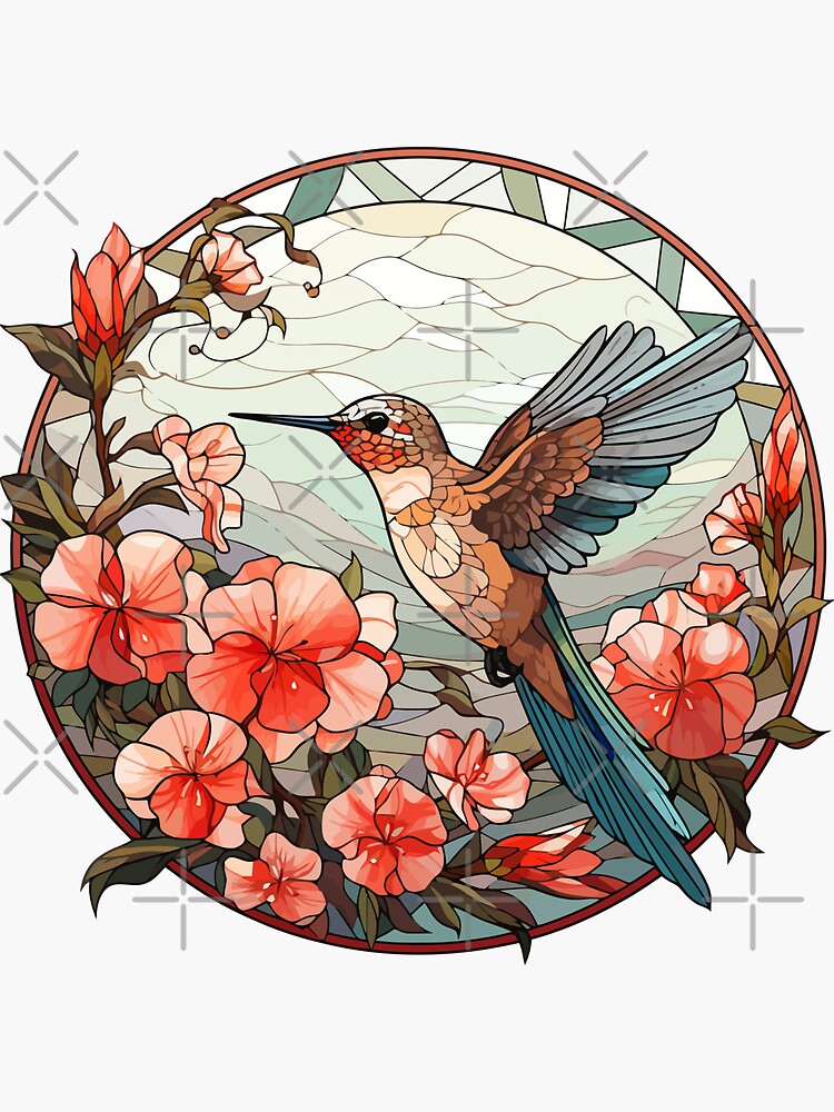 Pretty Hummingbird And Flowers On Stained Glass