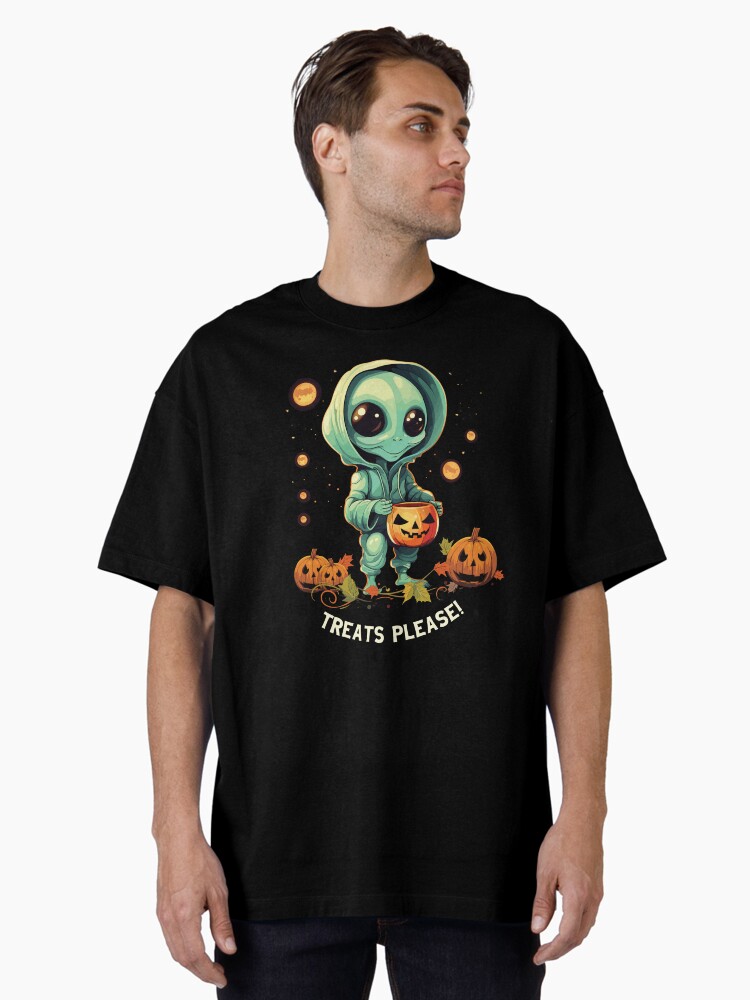 Thumbnail 2 of 7, Oversized T-Shirt, Cute Alien and Pumpkin Halloween Treats Please!  designed and sold by hidden-design.