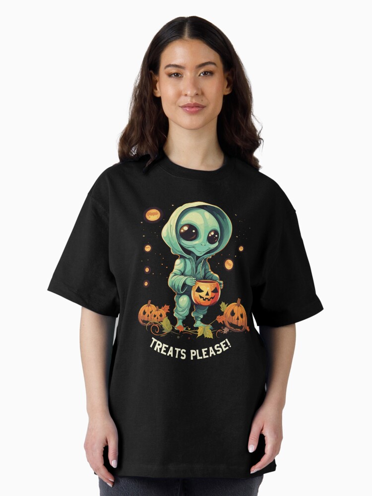 Thumbnail 1 of 7, Oversized T-Shirt, Cute Alien and Pumpkin Halloween Treats Please!  designed and sold by hidden-design.