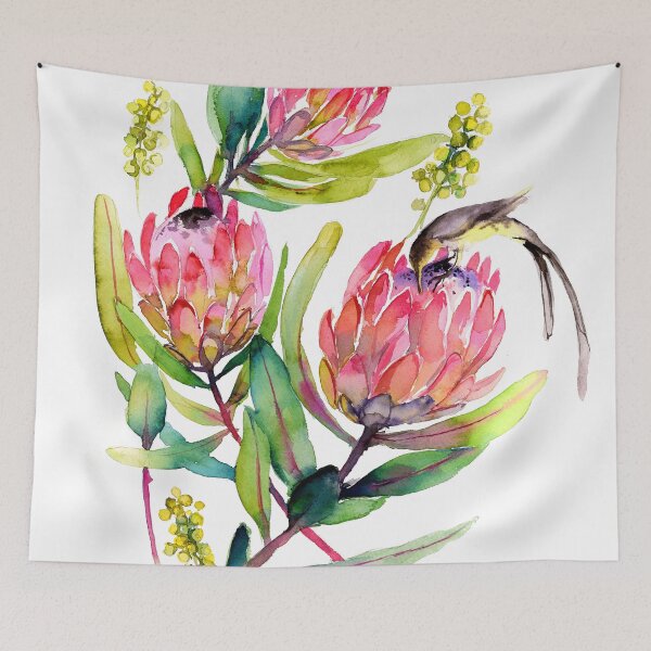Item preview, Pink Protea and Bird Watercolor Painting Big Pink Blossoms designed and sold by thefirstgarden.