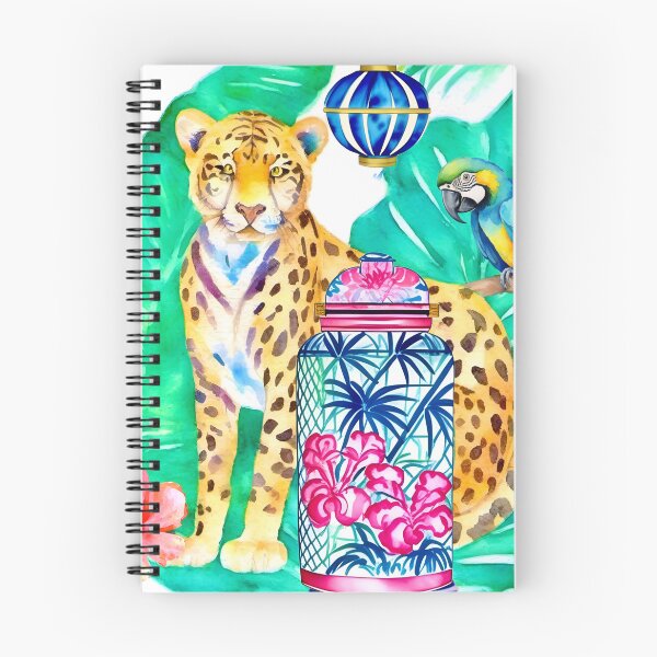 Item preview, Preppy cheetah, macaw parrot and chinoiserie jar watercolor designed and sold by SophieClimaArt.