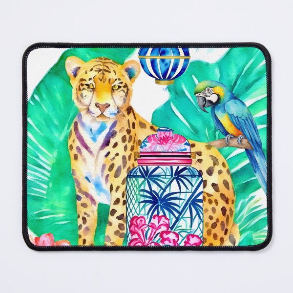 Item preview, Preppy cheetah, macaw parrot and chinoiserie jar watercolor designed and sold by SophieClimaArt.