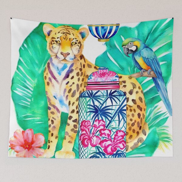 Item preview, Preppy cheetah, macaw parrot and chinoiserie jar watercolor designed and sold by SophieClimaArt.