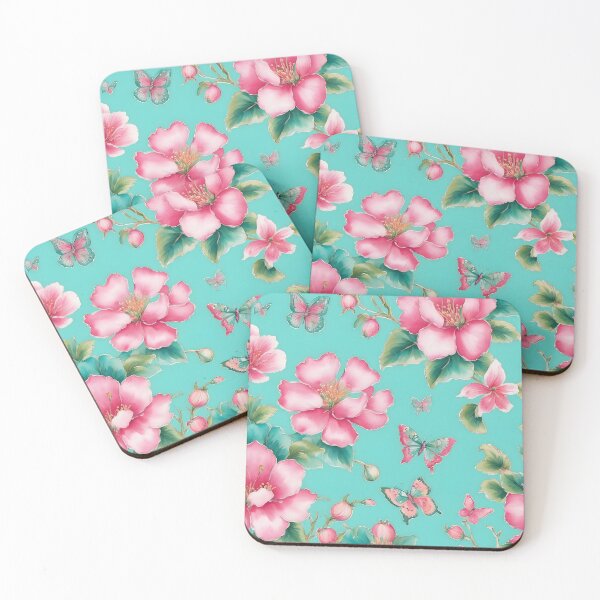 Item preview, Pink and turquoise chinoiserie flowers and butterflies designed and sold by SophieClimaArt.