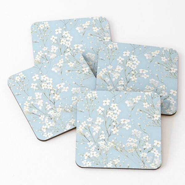 Item preview, Watercolor White Flowers on Blue Background designed and sold by peachculture.