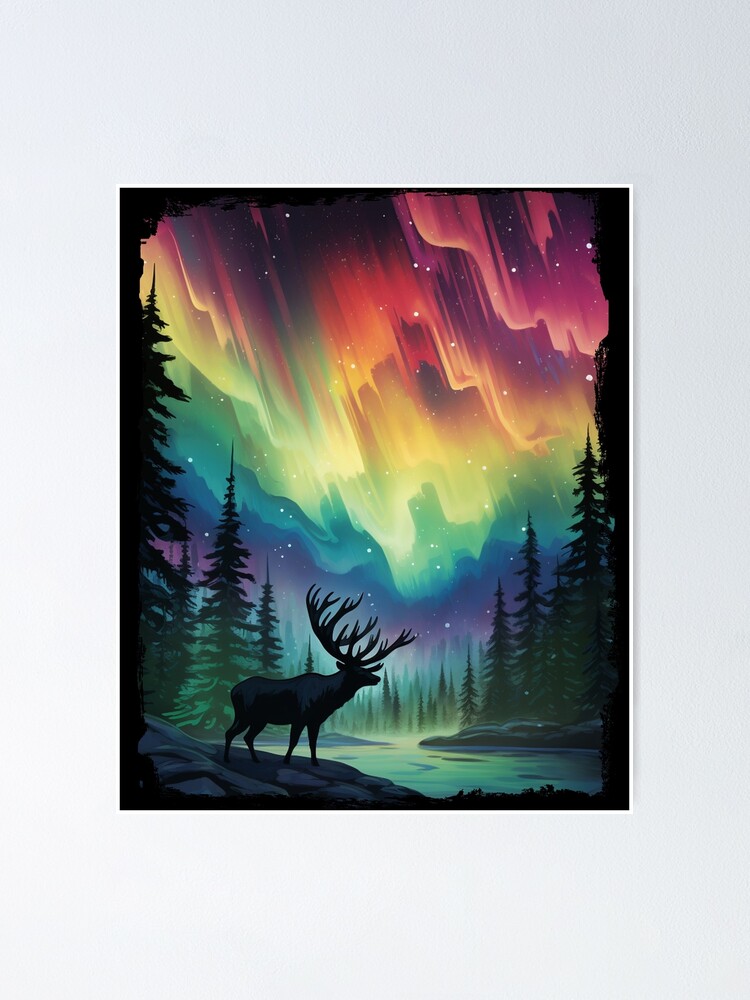 Original painting on wood - acrylic painting, northern lights, aurora borealis, pine tree, snow, deer, animals, hot elk, nature lover