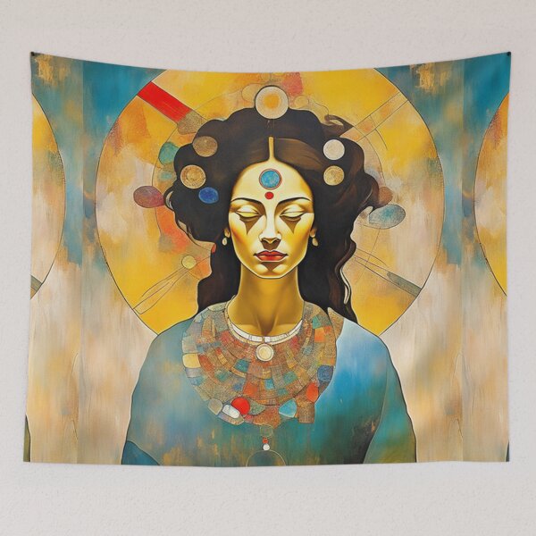 Item preview, Woman in meditation with a halo of healing energy in vibrant colours painting designed and sold by Meena-tta.