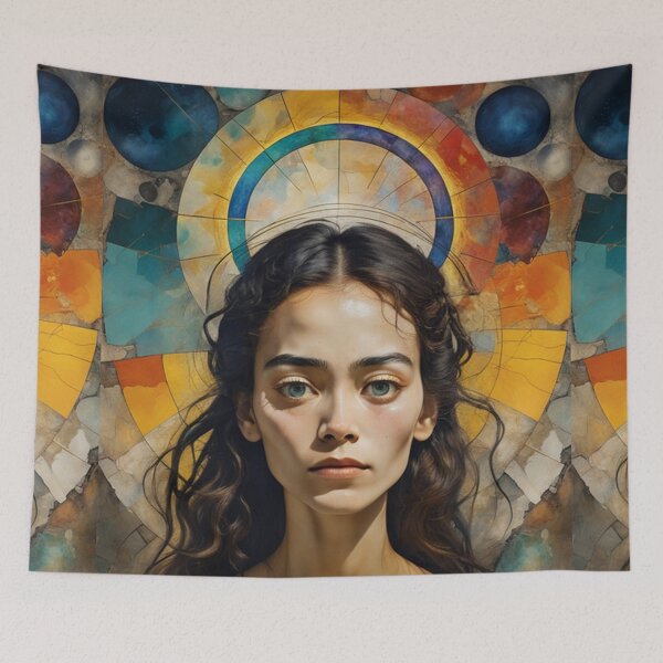 Item preview, young Woman in meditation with a halo of strong energy in vibrant colours painting designed and sold by Meena-tta.