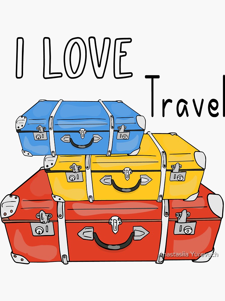 Sticker for Sale mit  Ich liebe es zu reisen. Farbige Koffer. Blauer Koffer,  roter Koffer, gelber Koffer. von Anastasiia Yurevych