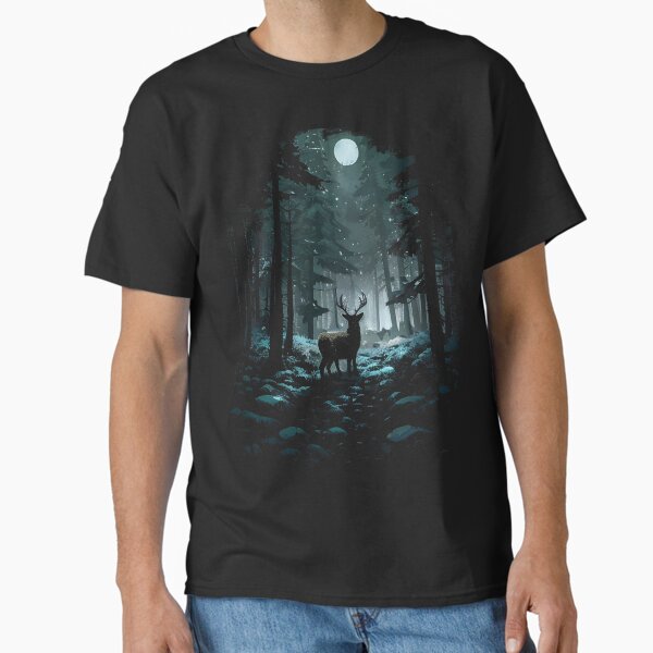 Vista previa del artículo con la obra «Winter Woods Deer - Noche, nieve y luna», diseñado y vendido por HideTheInsanity.