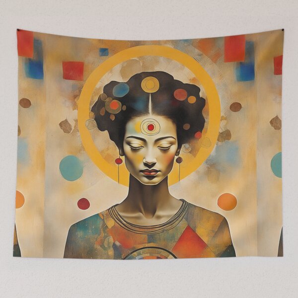 Item preview, Woman in meditation with a halo of healing energy in vibrant colours painting designed and sold by Meena-tta.