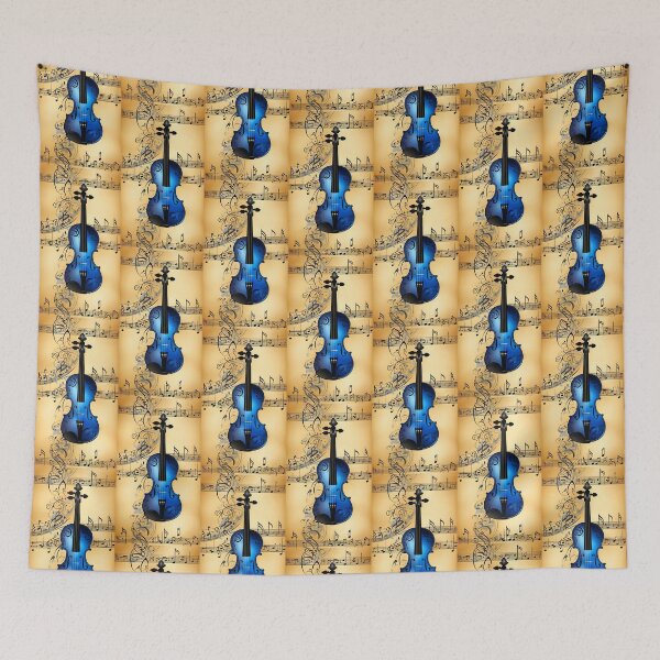 Item preview, Blue violin on parchment-look musical score background designed and sold by Creativesphotos.