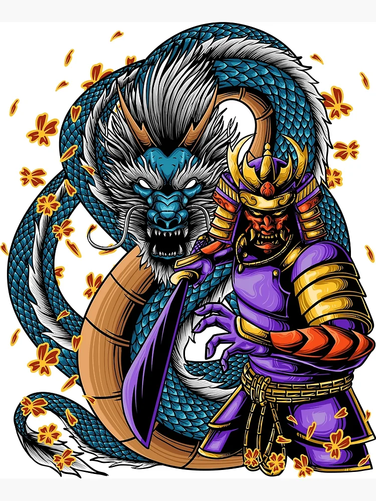 Fighting samurai with dragon, japanese samurai, strong