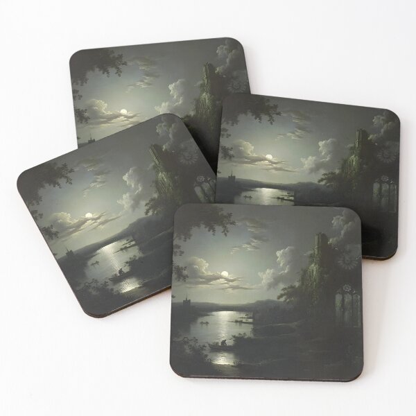 Item preview, Moonlit Lake with a Ruined Gothic Church, a Church and Boatmen by Sebastian Pether (English, 1790–1844) designed and sold by LovableObjects.