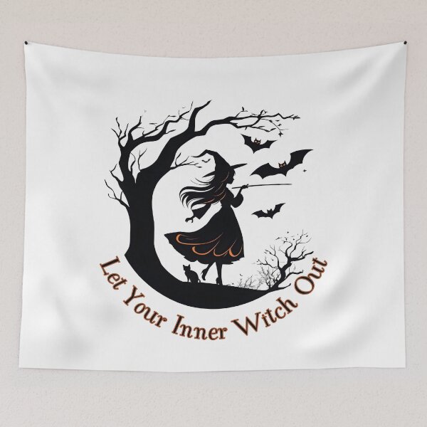 Item preview, Let Your Inner Witch Out - Motivational Halloween Witch Silhouette with Black Cat and Bats designed and sold by DevemDavam.