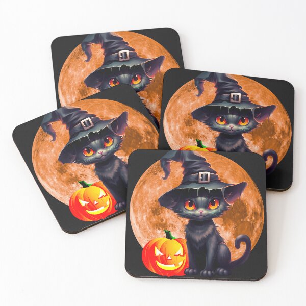 Item preview, Halloween cat with witch hat, pumpkin and moon designed and sold by Art-by-Cassy.