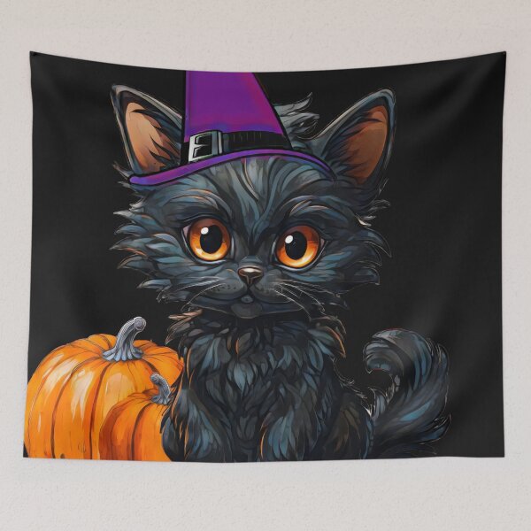 Item preview, Halloween cat with witch hat and pumpkin designed and sold by Art-by-Cassy.