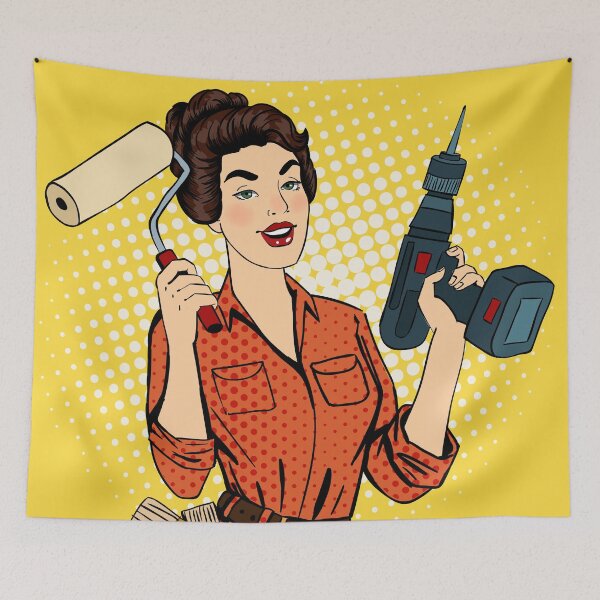 Item preview, Girl with Roller Brush and Drill. Woman Doing Repairs. Pop Art. Pin Up Girl.  designed and sold by ivector.