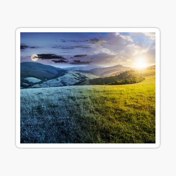 time changes over grassy meadow in mountains Sticker