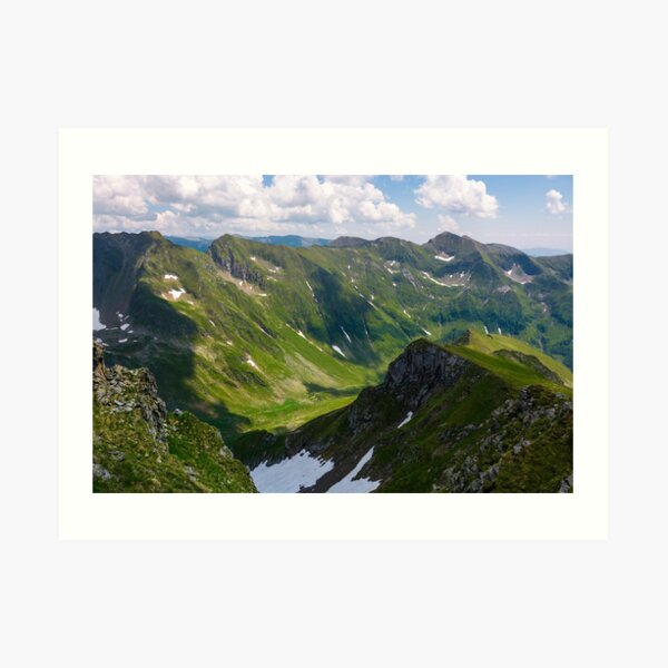 valley with snow in summer mountains Art Print