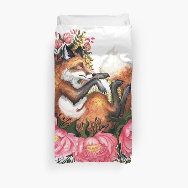 Fox and Flowes in White Duvet Cover