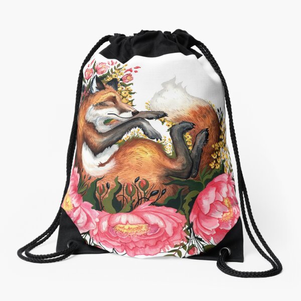 Fox and Flowes in White Drawstring Bag
