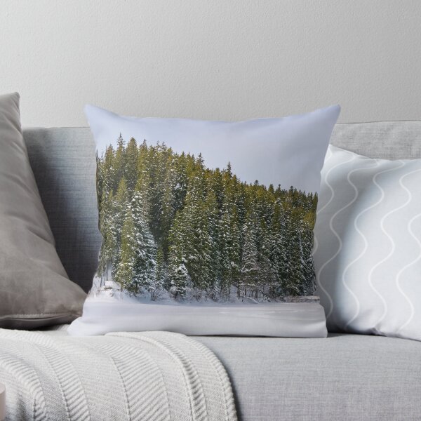 panorama of coniferous forest in winter Throw Pillow