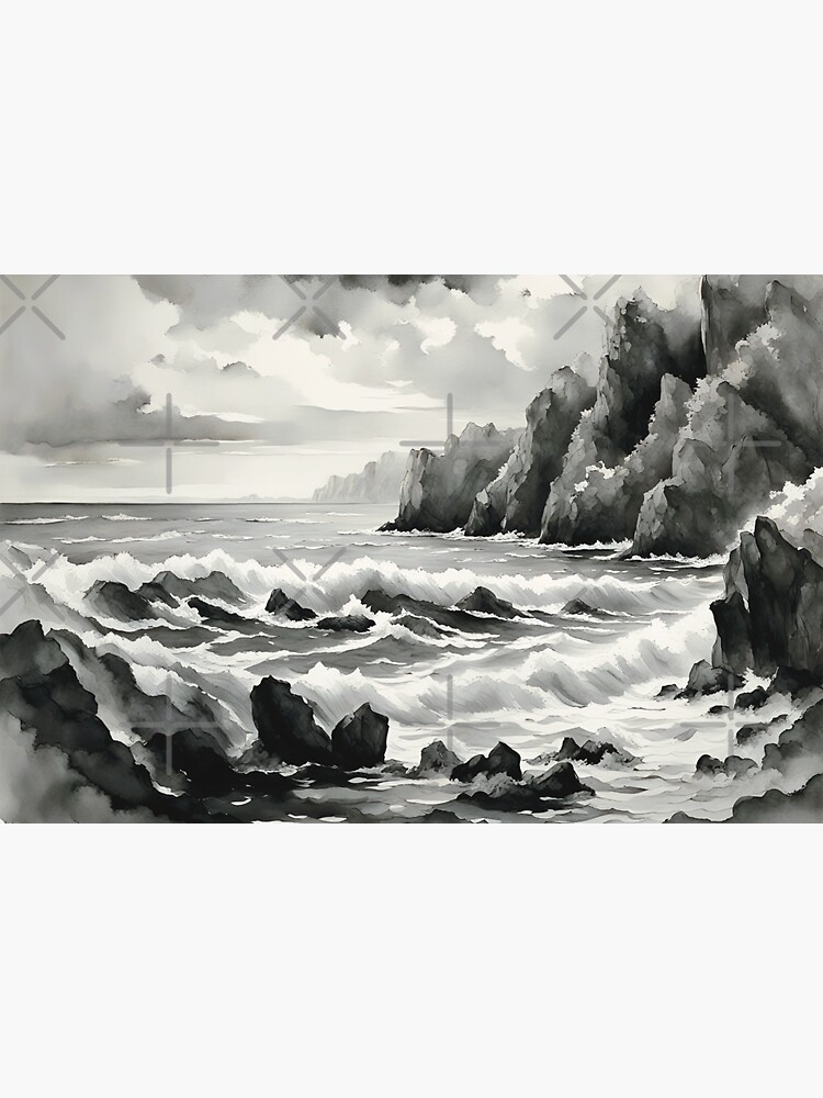 Paysage monochrome noir et blanc paysage marin plage rocheuse aquarelle num rique Sticker