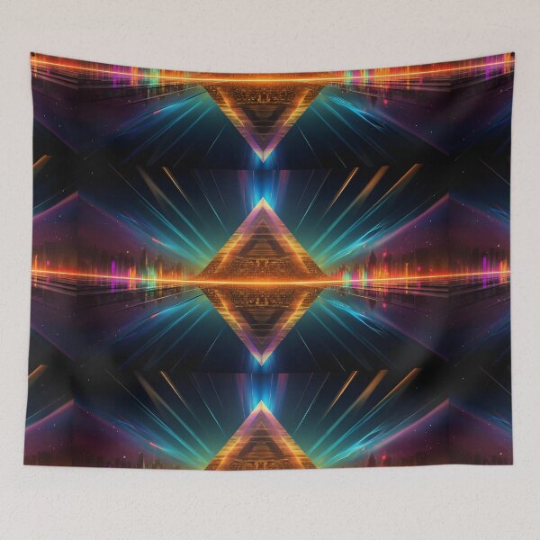 Item preview, A bright shining pyramid with colorful streaks in neon and lights in the style of digital and futuristic landscapes designed and sold by AI-Only Creations.