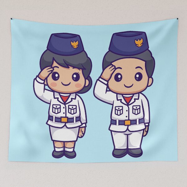 Item preview, Cute Girl and Boy Respectful Indonesia Flag Cartoon Icon designed and sold by hjian8219.