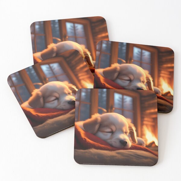Item preview, Puppy sleeps peacefully on a blanket in a cosy log cabin/cottage. designed and sold by Zen-Hues.