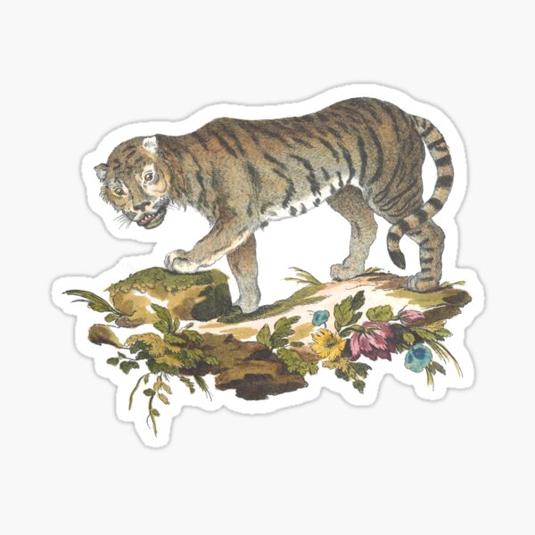 Item preview, Tiger Standing in Dirt with Flowers Vintage Chromolithograph Innocente Alessandri Painting Animal Lover Gift designed and sold by ElegantTeaTime.