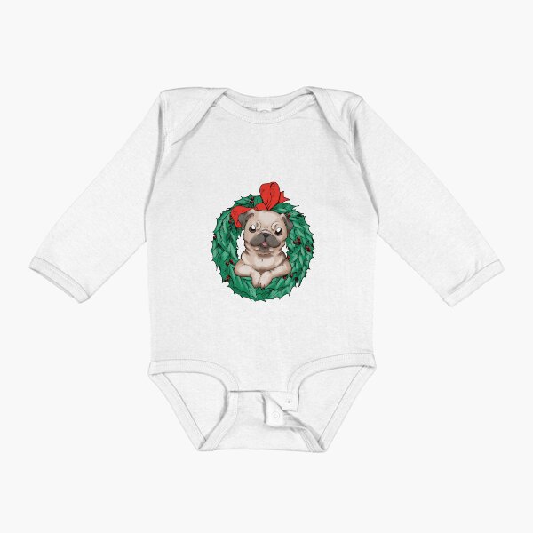 Cute Cartoon Pug in a Christmas Wreath Long Sleeve Baby One-Piece